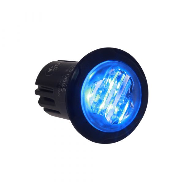 Ett runt blått blixtljus för infällnad - E-godkänd enligt R65 
